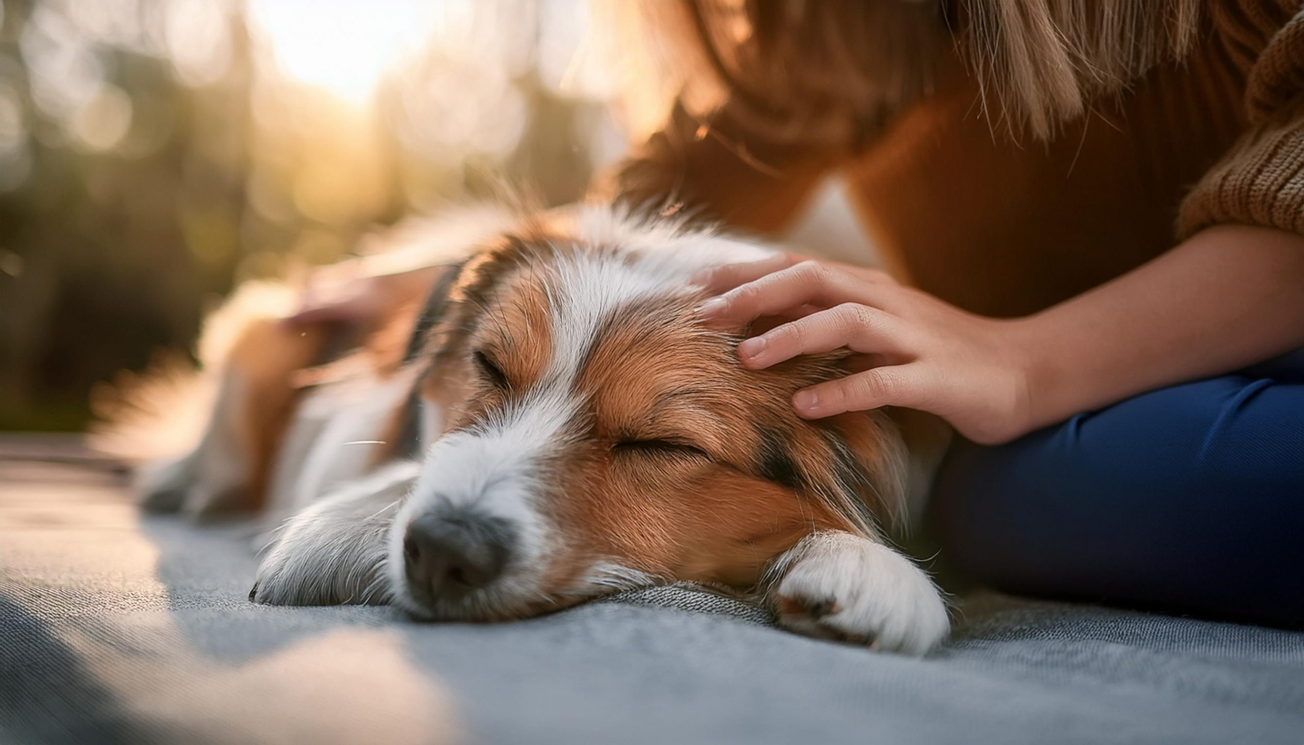 Massage beim Hund Massage beim Hund: Das Bild zeigt eine Frau, die einen am Boden liegenden Hund streichelt.
